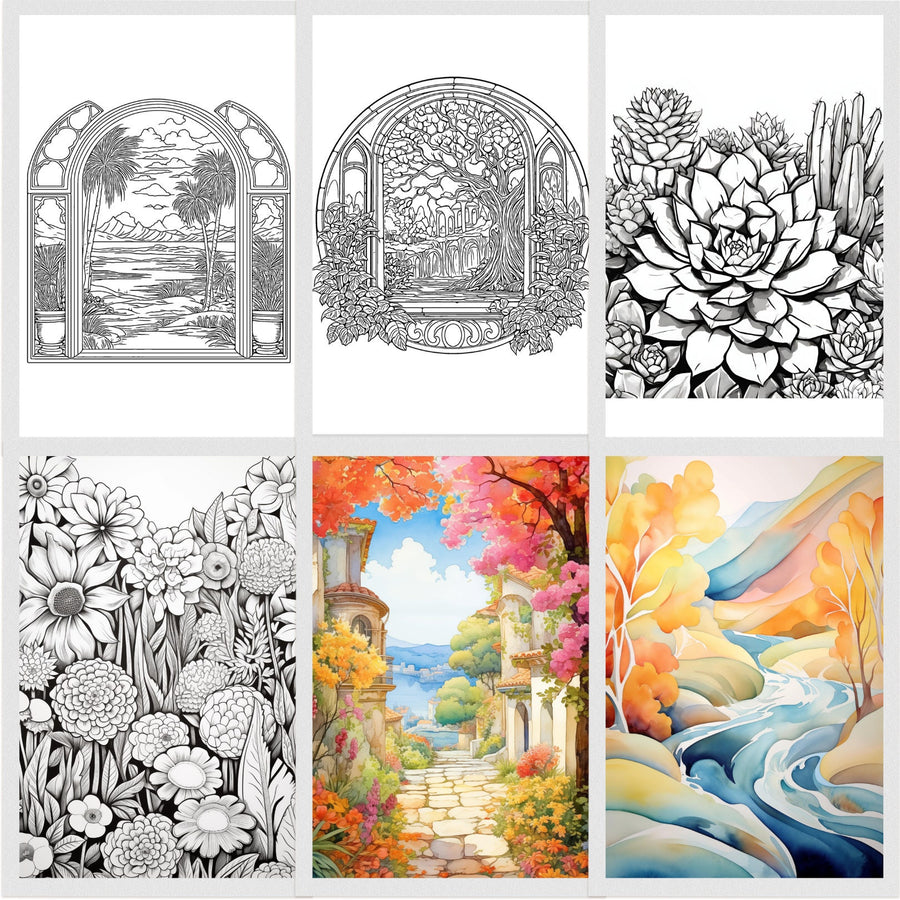 Stunning landscapes to color in our 139-page coloring book bundle with traditional and reverse options