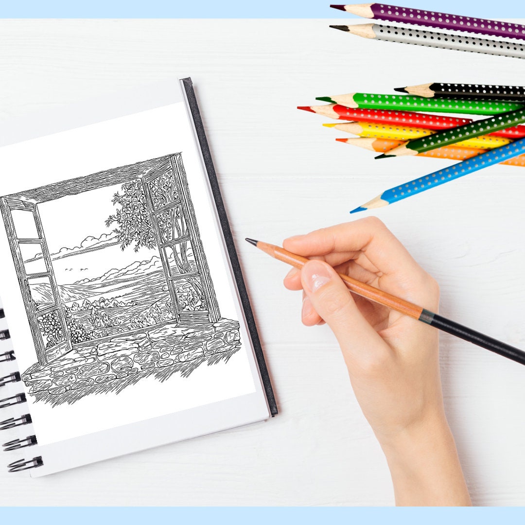 Printable nature scenes coloring pages with 13 landscape views from the window for digital coloring