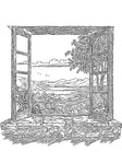 Printable nature scenes digital coloring pages of beautiful landscapes from window views