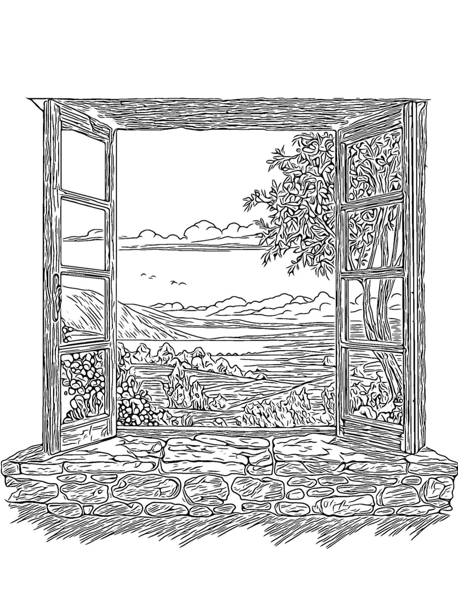 Schöne Aussichten Malvorlagen: 13 Landschaftsansichten aus dem Fenster, druckbare Seiten, Naturszenen, digitales Ausmalen, Landschaften Malvorlagen