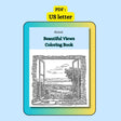 Digital coloring pages featuring 13 beautiful landscape views from a window