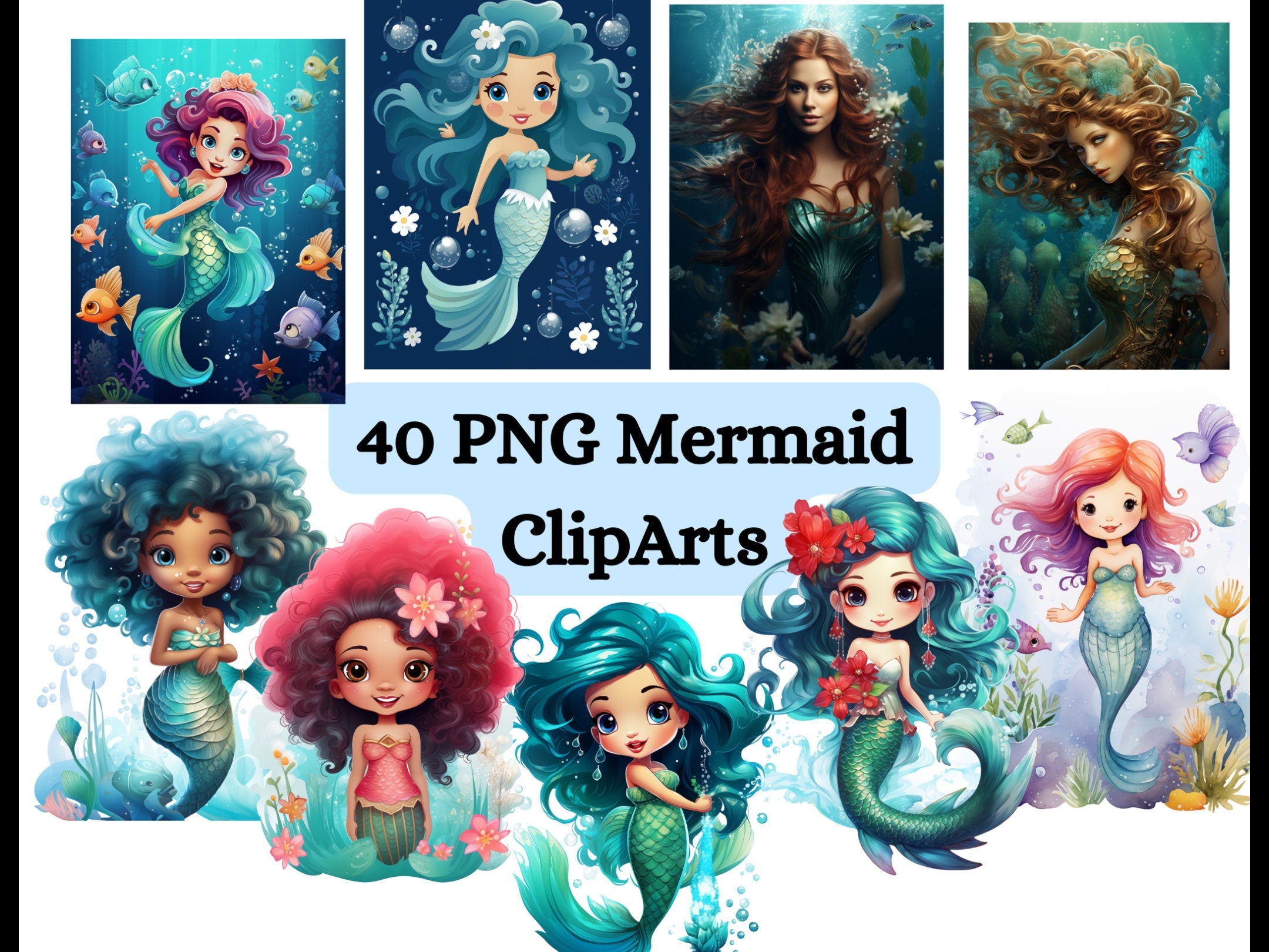40 PNG Meerjungfrau Clipart Bundle: Aquarell Meerjungfrau, Hyperrealistische Meerjungfrau, Kleine Meerjungfrau png, Afro Meerjungfrau, Sirene Clipart, Scrapbooking