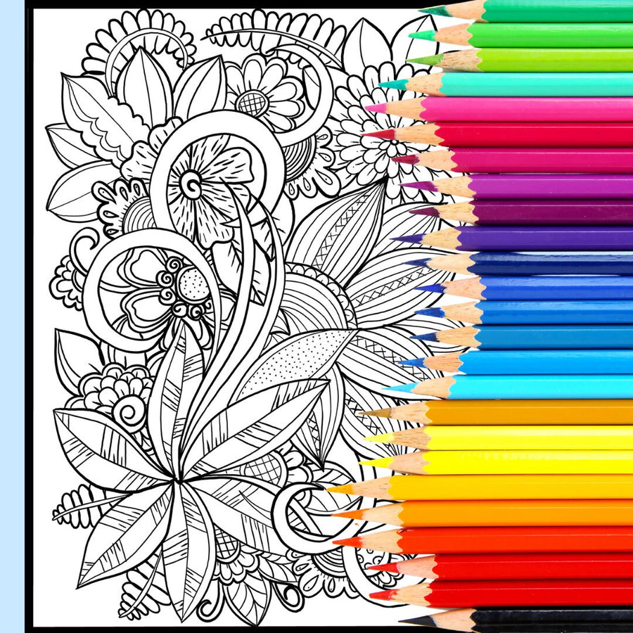 Blumen-Kritzelkunst – handgemachte Illustration, 2 einzigartige Designs, Schwarzweiß, farbig, entspannendes und achtsames Ausmalen | Frühling, Sommer – A4-Ausmalseiten