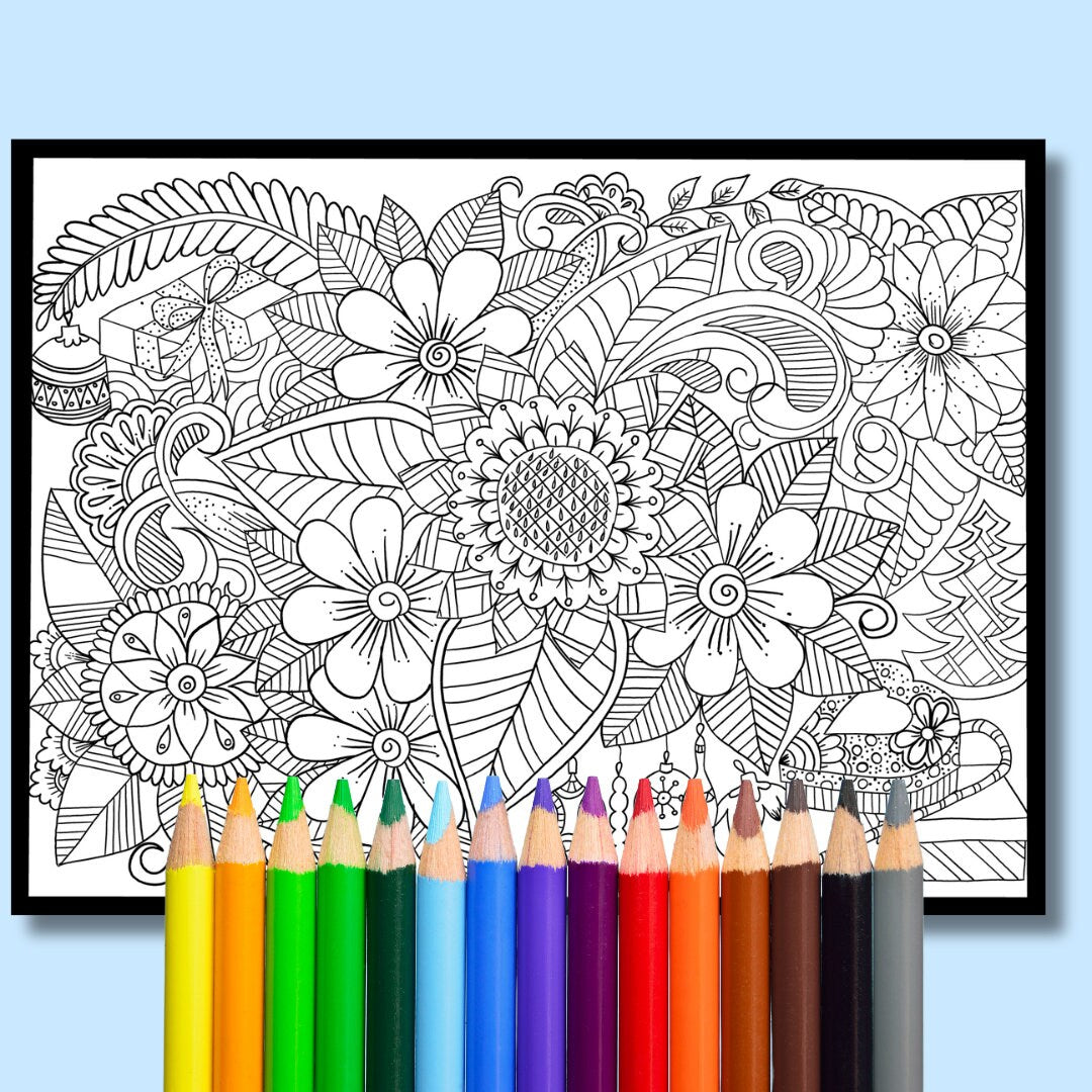Blumen-Kritzelkunst – handgemachte Illustration, 2 einzigartige Designs, Schwarzweiß, farbig, entspannendes und achtsames Ausmalen | Frühling, Sommer – A4-Ausmalseiten