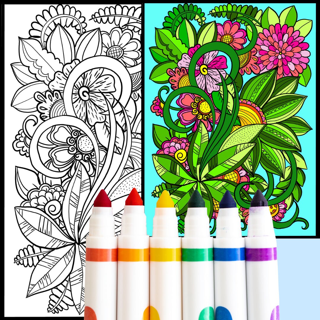Blumen-Kritzelkunst – handgemachte Illustration, 2 einzigartige Designs, Schwarzweiß, farbig, entspannendes und achtsames Ausmalen | Frühling, Sommer – A4-Ausmalseiten