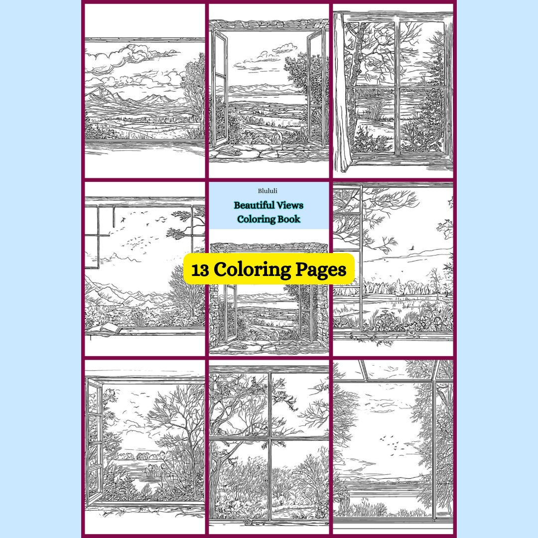 Printable digital coloring pages featuring 13 beautiful landscape views from a window, perfect for nature lovers and landscape enthusiasts