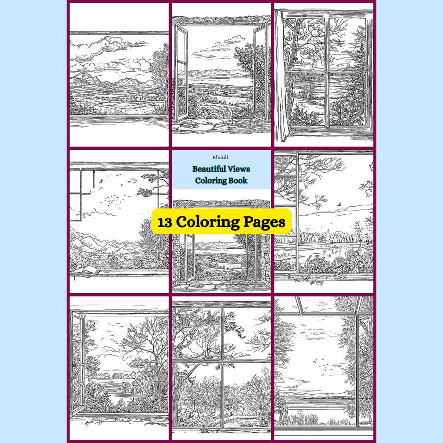 Printable digital coloring pages featuring 13 beautiful landscape views from a window, perfect for nature lovers and landscape enthusiasts