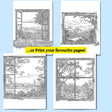 Printable nature scenes coloring pages with 13 beautiful landscape views from a window, perfect for digital coloring