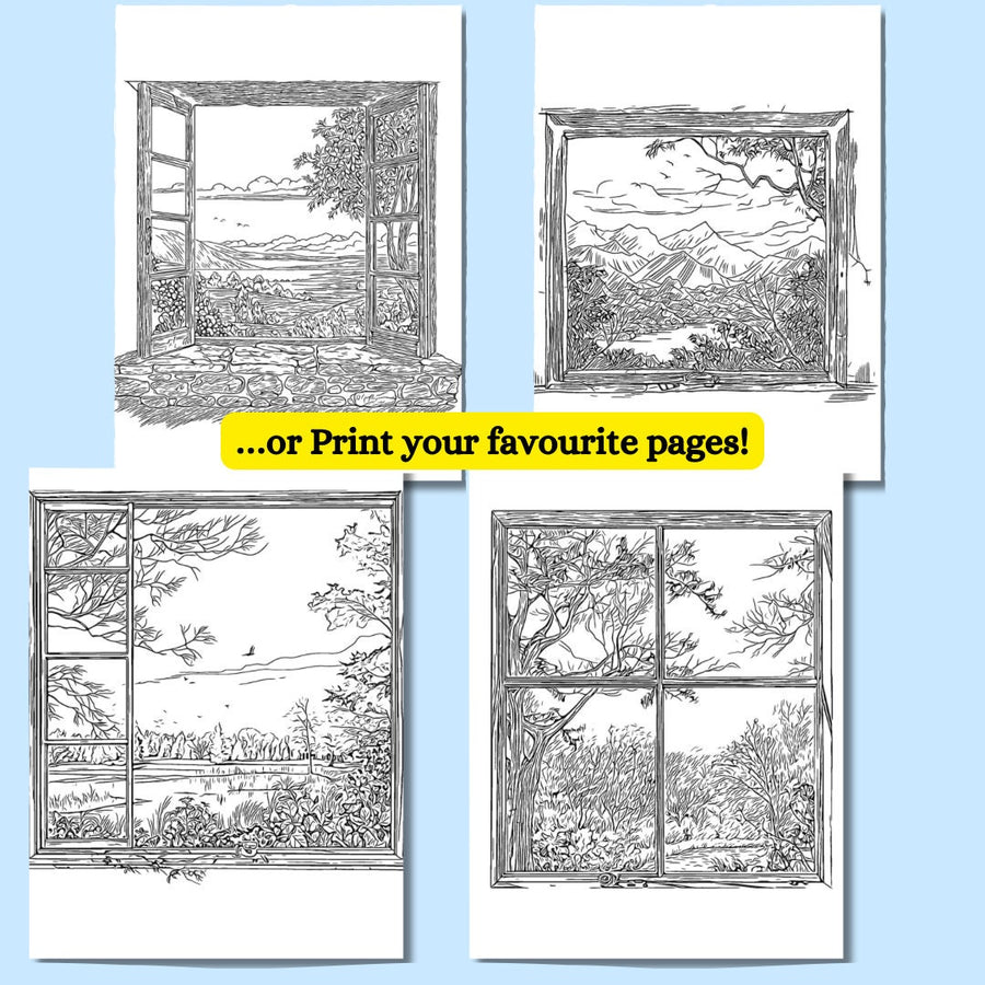 Printable nature scenes coloring pages with 13 beautiful landscape views from a window, perfect for digital coloring