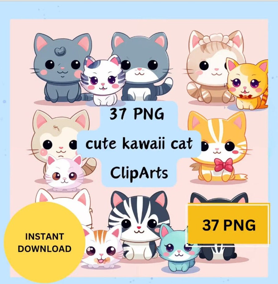 Süße Kawaii Katzen ClipArt, 37 PNG Katzen ClipArt, transparenter Hintergrund, süße Katzen Kawaii Stil, digitales Scrapbooking, süßes POD Design, Bekleidung