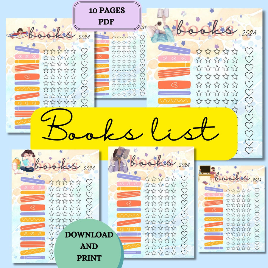 10-page Books List printable PDF for tracking your reading journey