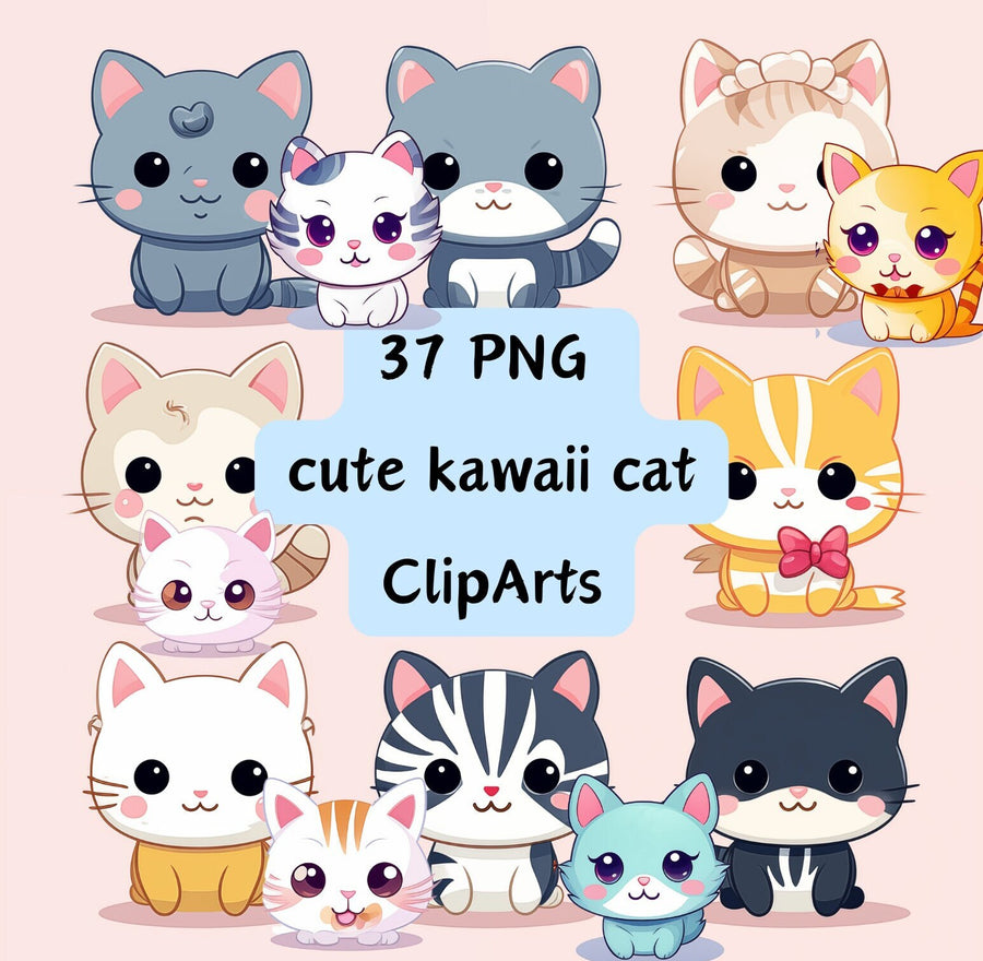 Süße Kawaii Katzen ClipArt, 37 PNG Katzen ClipArt, transparenter Hintergrund, süße Katzen Kawaii Stil, digitales Scrapbooking, süßes POD Design, Bekleidung