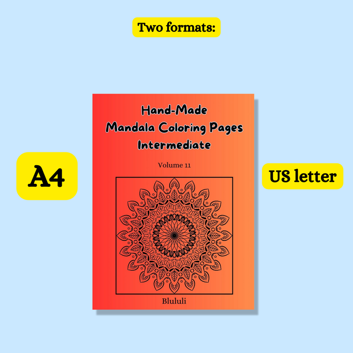 Hand-Made Mandala Coloring Pages Intermediate Volume 11 on a blue background with A4 and US letter size labels.