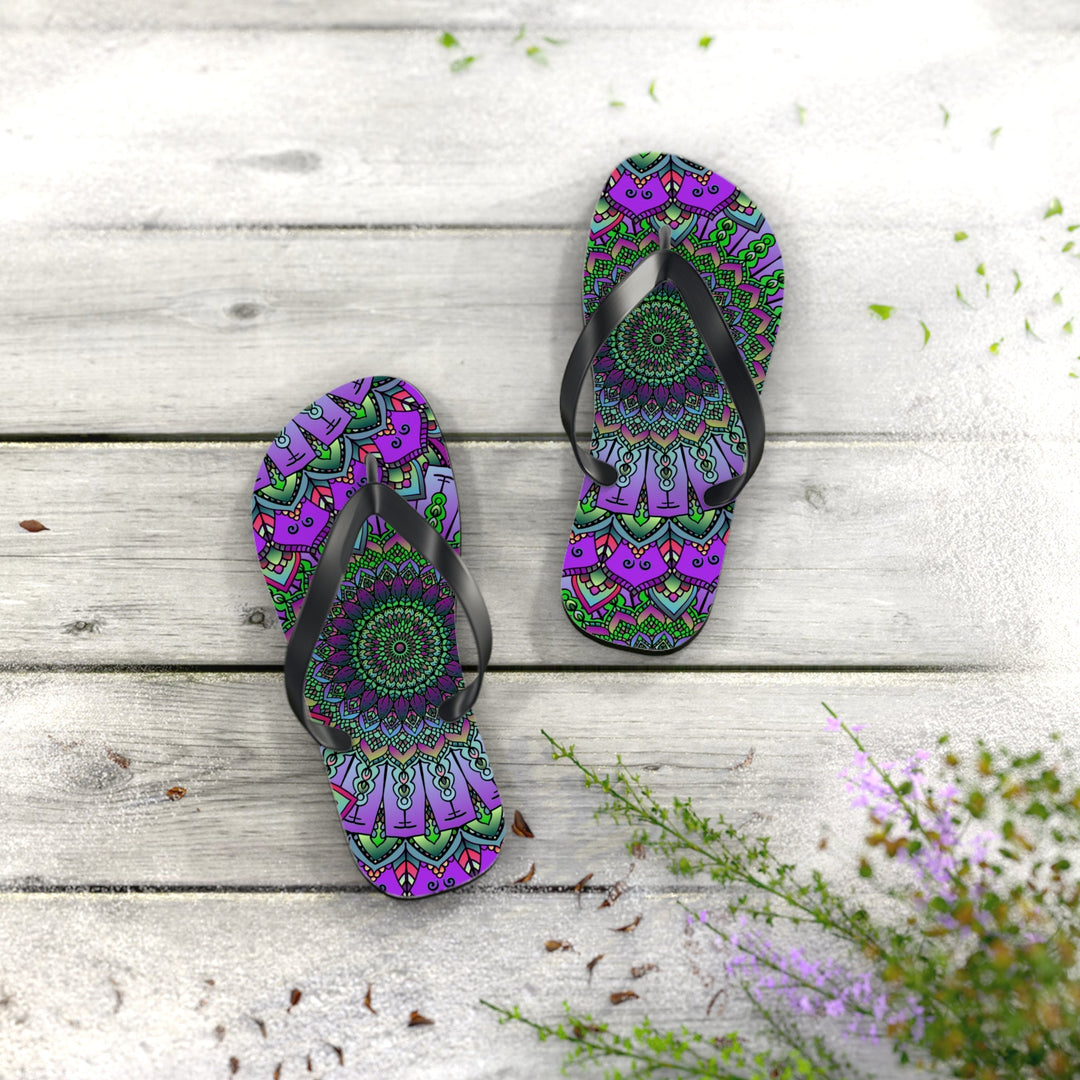 Intricate Mandala Flip Flops - Purple & Green Shoes - Blululi