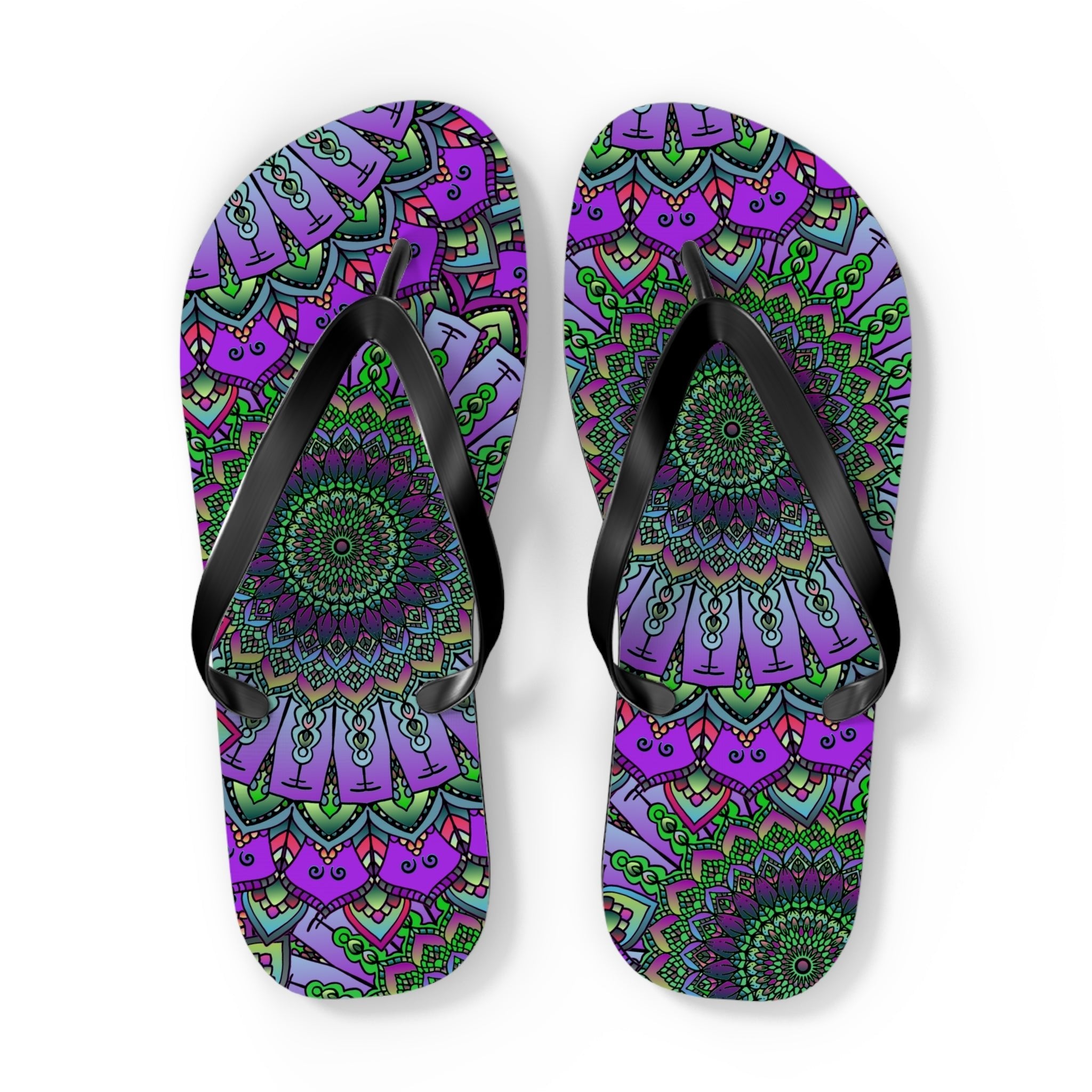 Intricate Mandala Flip Flops - Purple & Green Shoes - Blululi