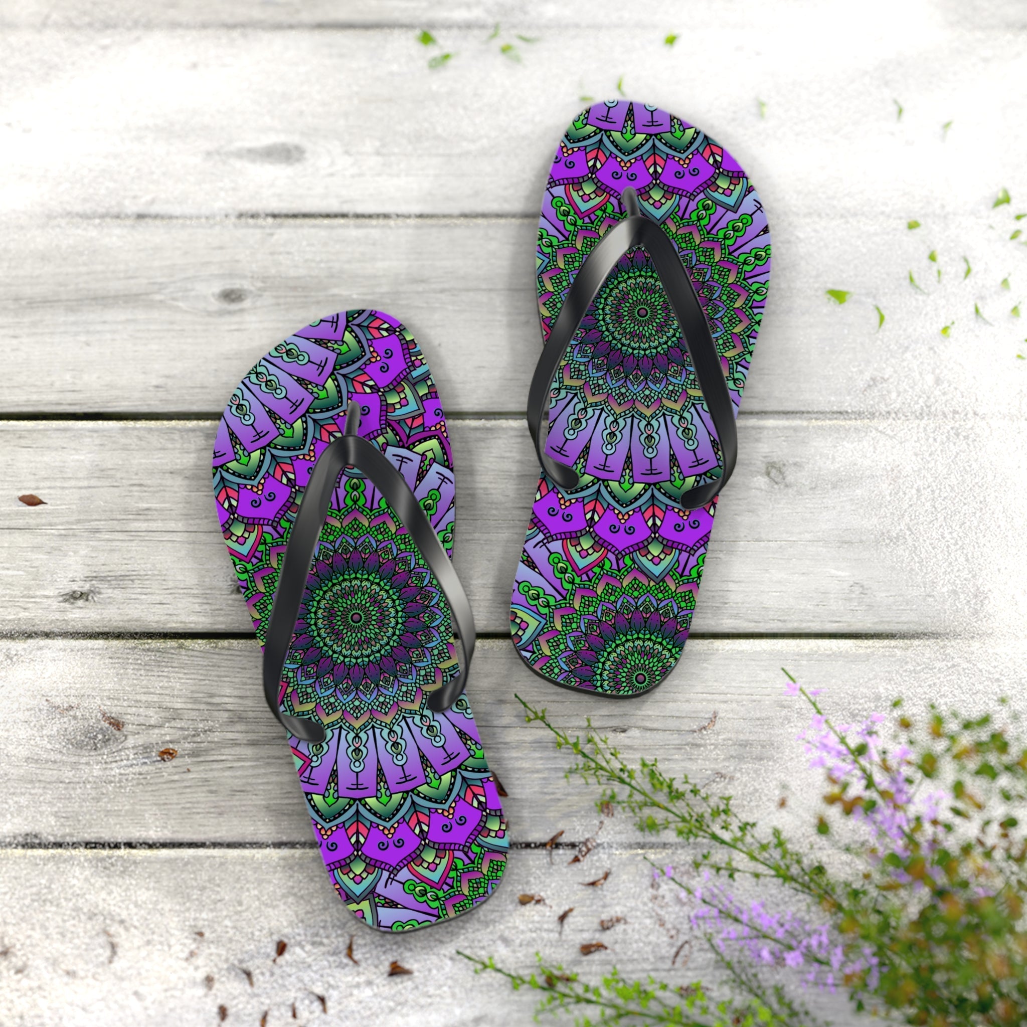 Intricate Mandala Flip Flops - Purple & Green Shoes - Blululi