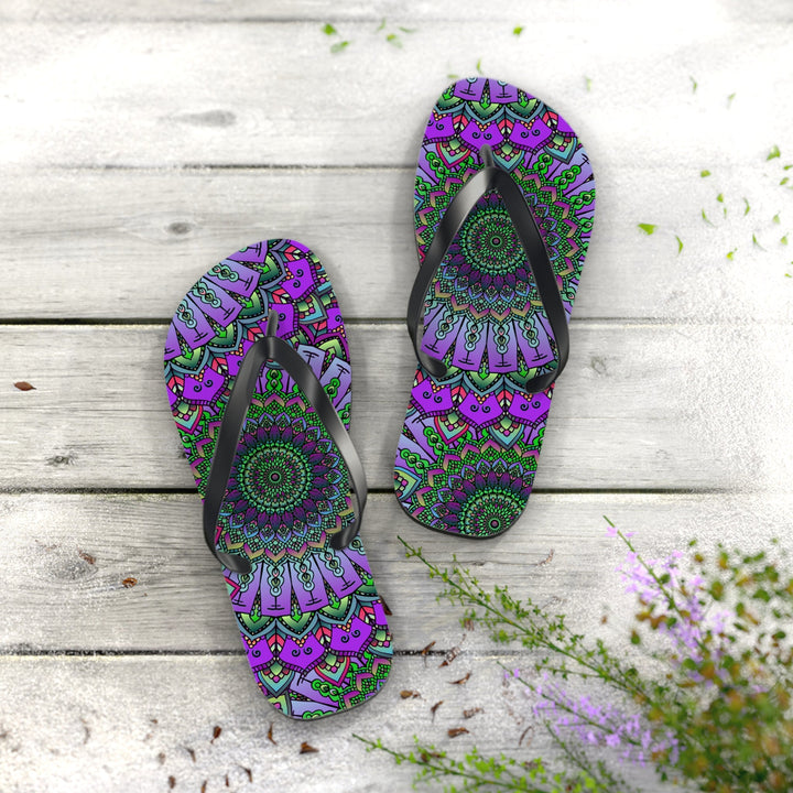 Intricate Mandala Flip Flops - Purple & Green Shoes - Blululi