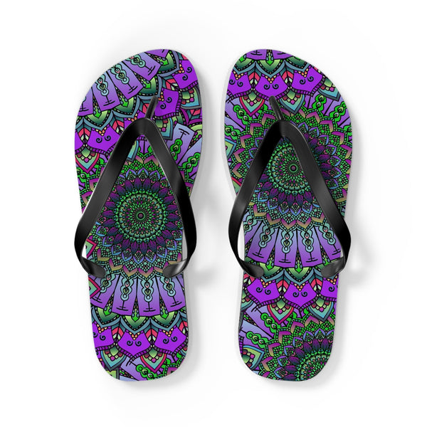 Intricate Mandala Flip Flops - Purple & Green Shoes - Blululi