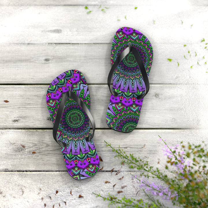 Intricate Mandala Flip Flops - Purple & Green Shoes - Blululi