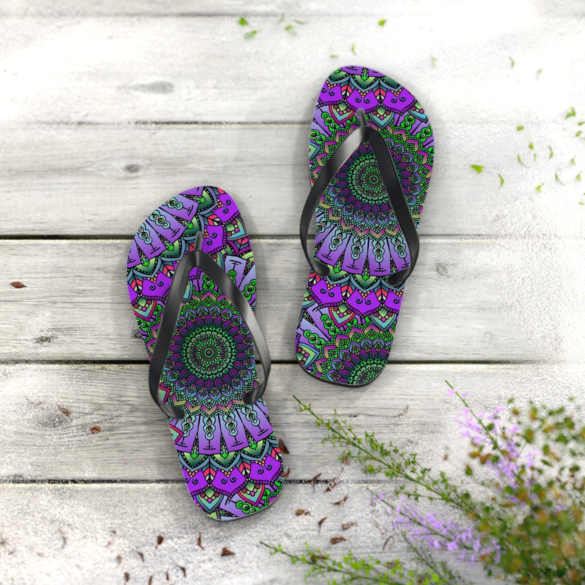 Intricate Mandala Flip Flops - Purple & Green Shoes - Blululi