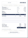 A digital preview of a professional business invoice template, featuring a clean white layout with dark navy blue text and headers, gray decorative watermarks, and a structured table for item descriptions, quantities, unit prices, and amounts.