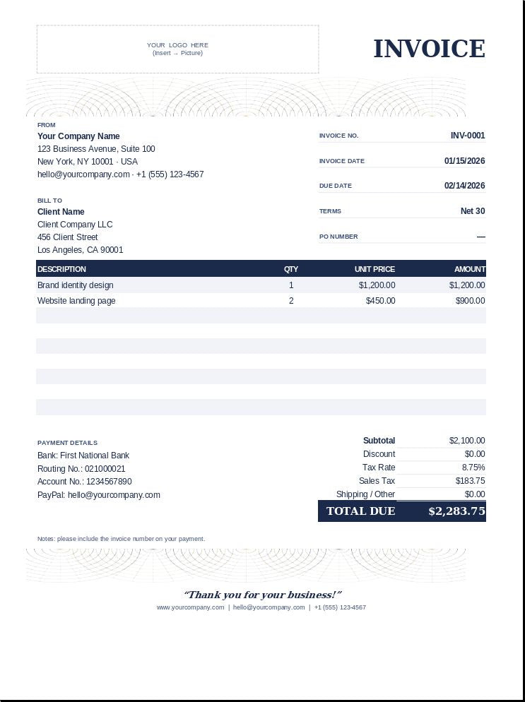 A digital preview of a professional business invoice template, featuring a clean white layout with dark navy blue text and headers, gray decorative watermarks, and a structured table for item descriptions, quantities, unit prices, and amounts.