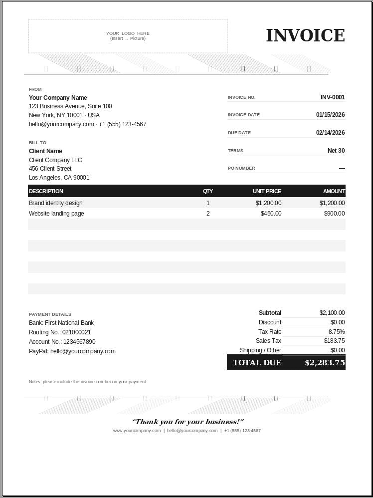 Bundle of 5 Excel Invoice Templates | Instant Download | A4-US Letter, Single Page | Automated Formulas