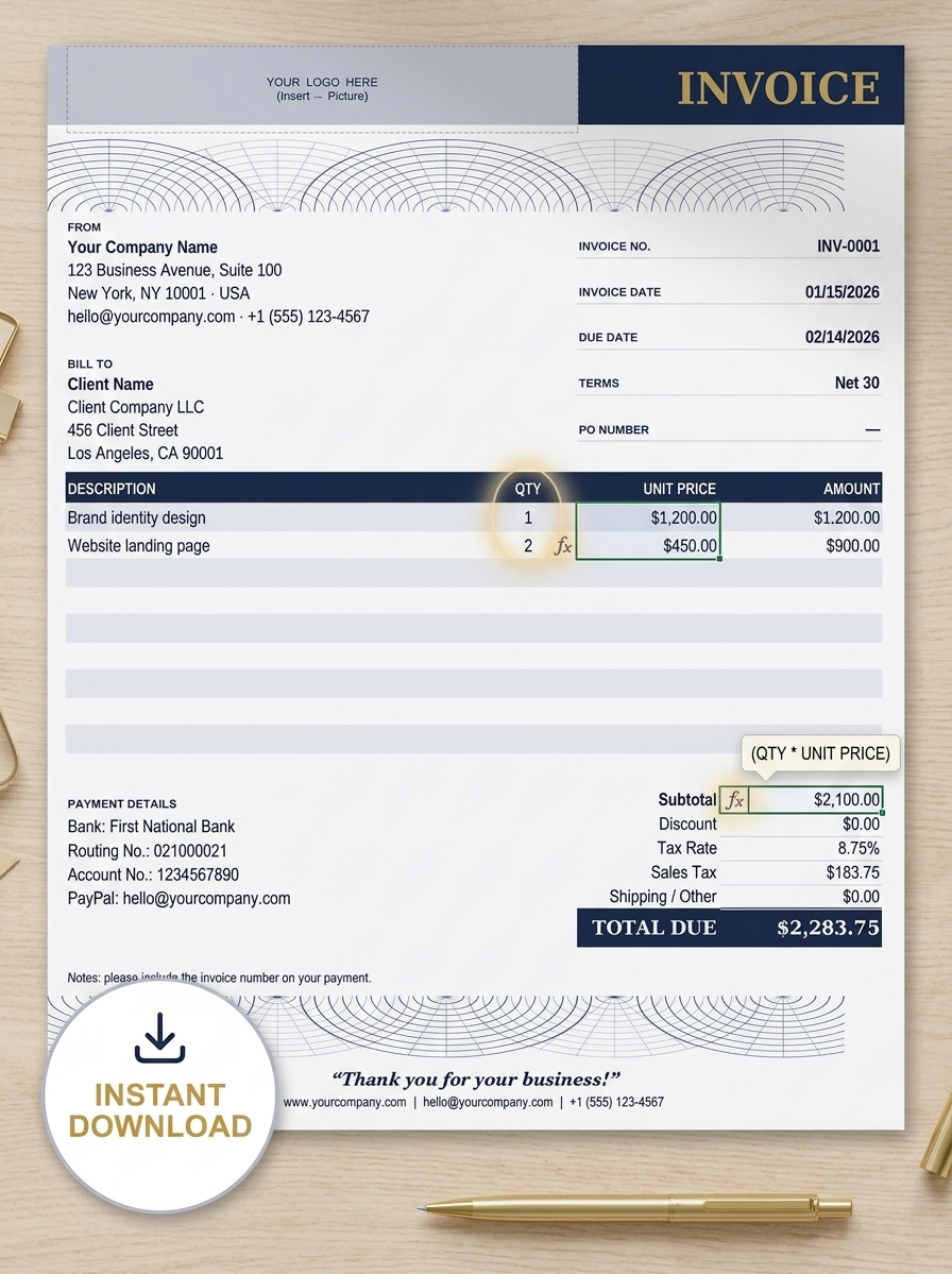 A professional invoice template displayed on a wooden desk background with gold pens and a pencil. The invoice features a clean layout with navy blue, white, and gold accents, including fields for company details, client information, and a table for item descriptions, quantities, unit prices, and amounts.