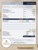A professional invoice template displayed on a wooden desk background with gold pens and a pencil. The invoice features a clean layout with navy blue, white, and gold accents, including fields for company details, client information, and a table for item descriptions, quantities, unit prices, and amounts.