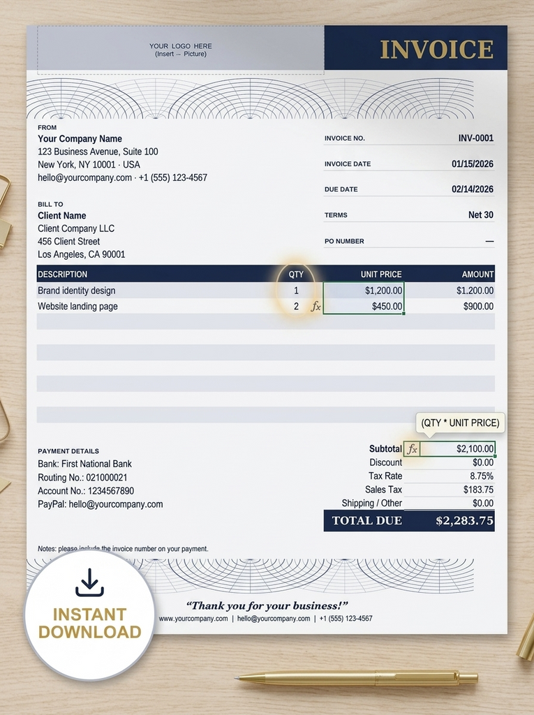 A professional invoice template displayed on a wooden desk background with gold pens and a pencil. The invoice features a clean layout with navy blue, white, and gold accents, including fields for company details, client information, and a table for item descriptions, quantities, unit prices, and amounts.