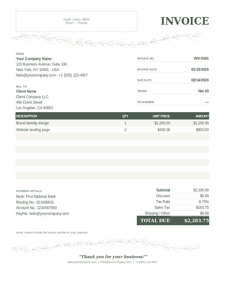 Professional Sage Cream Invoice Template for Small Business & Freelancers
