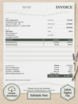 A digital invoice template with a clean cream and light sage green layout, featuring fields for company details, invoice information, payment details, and decorative botanical borders. The design includes a wood-textured footer area with lavender sprigs and badges reading 'Instant Download' and 'Editable Text'.