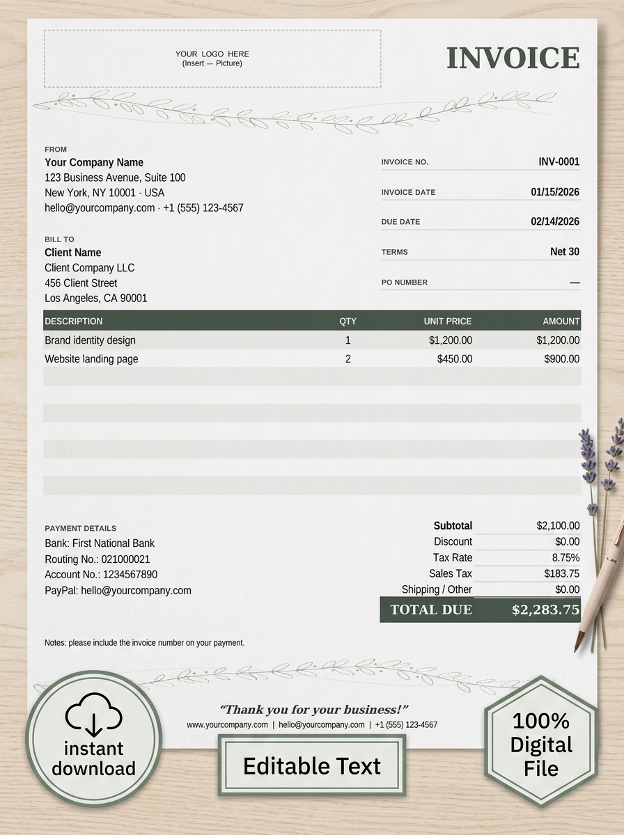 A digital invoice template with a clean cream and light sage green layout, featuring fields for company details, invoice information, payment details, and decorative botanical borders. The design includes a wood-textured footer area with lavender sprigs and badges reading 'Instant Download' and 'Editable Text'.