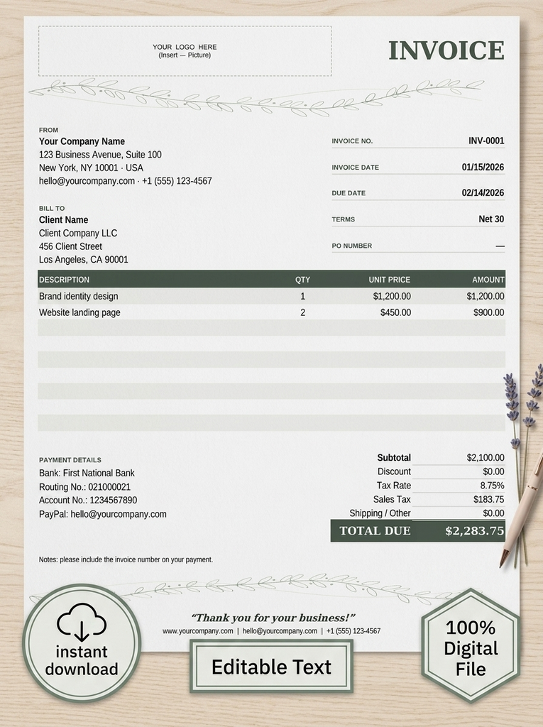 A digital invoice template with a clean cream and light sage green layout, featuring fields for company details, invoice information, payment details, and decorative botanical borders. The design includes a wood-textured footer area with lavender sprigs and badges reading 'Instant Download' and 'Editable Text'.