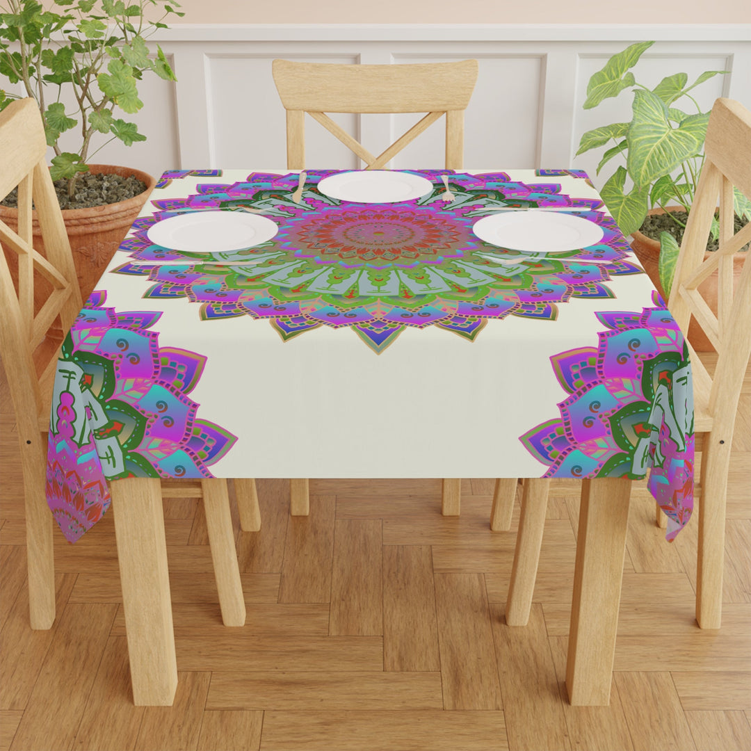 Iridescent Mandala Tablecloth - Ivory, Circular Design Home Decor - Blululi