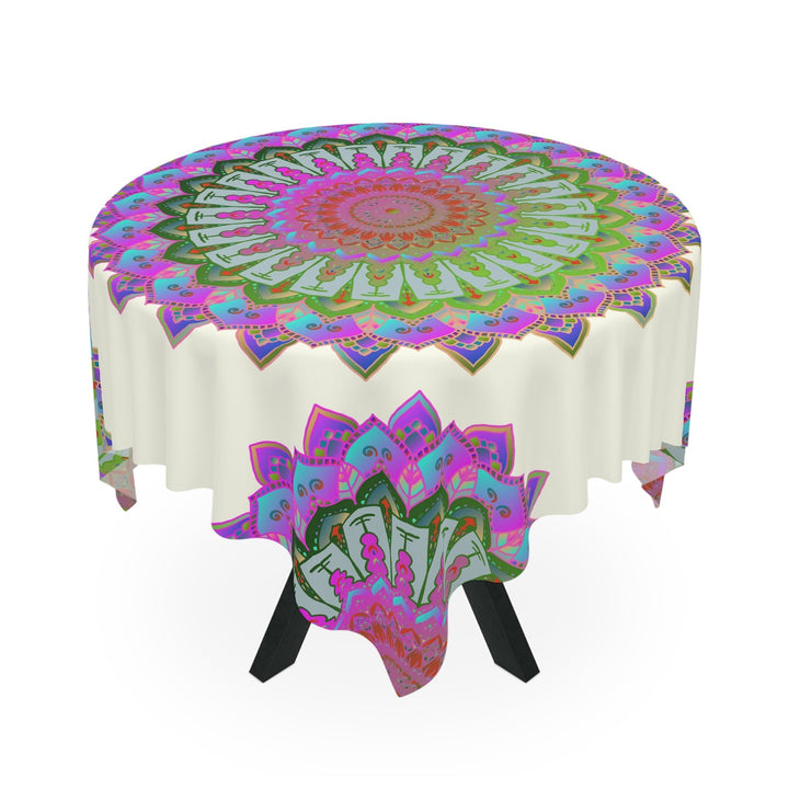 Iridescent Mandala Tablecloth - Ivory, Circular Design Home Decor - Blululi