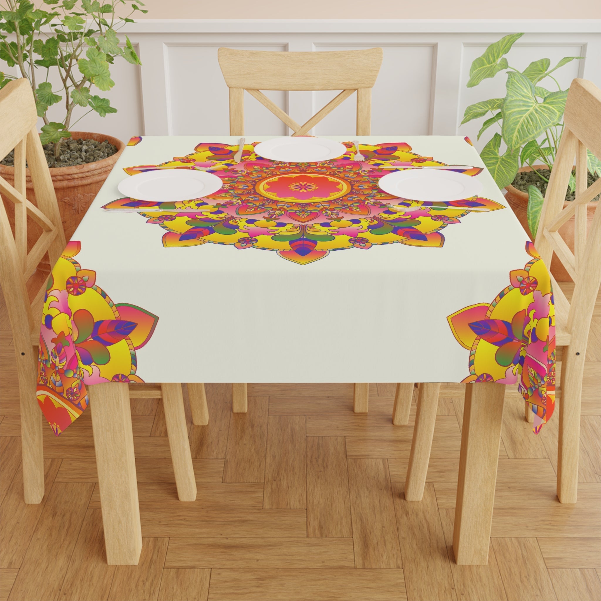 Ivory Mandala Tablecloth - Colorful Floral Design Home Decor - Blululi