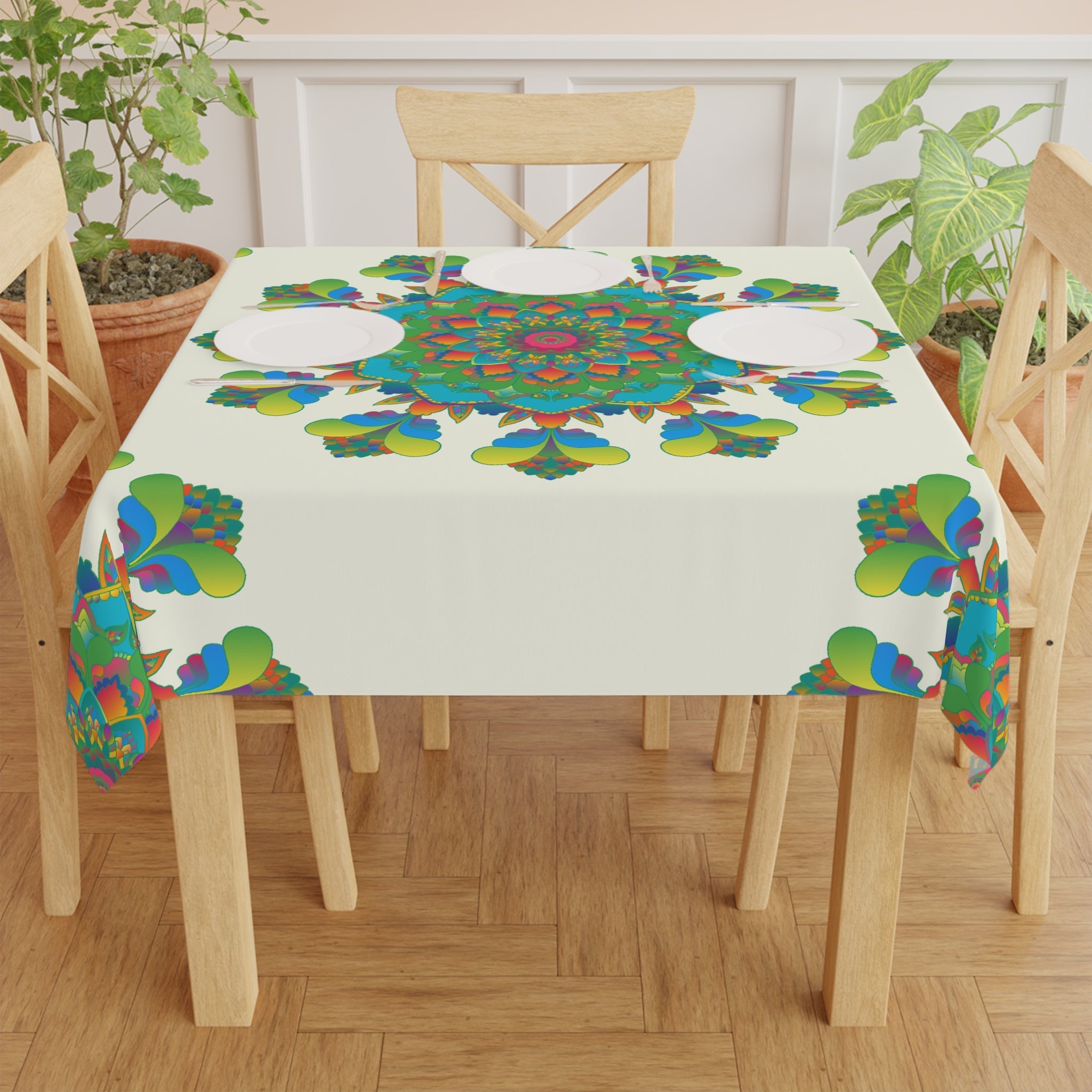 Ivory Mandala Tablecloth - Vibrant Floral Design Home Decor - Blululi