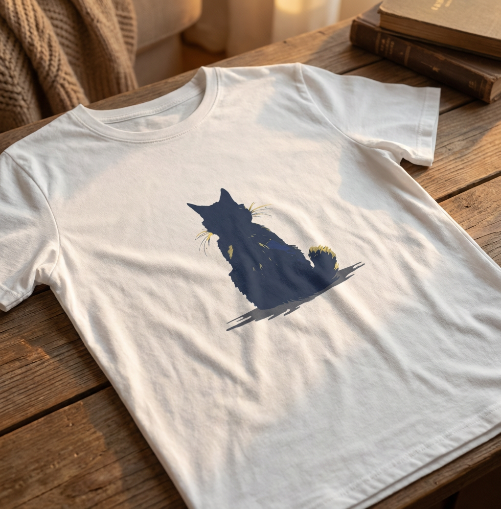White t-shirt with a blue graphic of a cat on a wooden surface