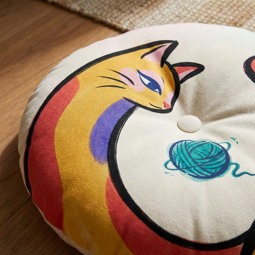 Round floor pillow featuring a surreal crescent cat in cheerful colors; lifestyle shot showing a cozy living room setting with the cat-themed cushion, a warm and playful mood suitable for home decor SEO
