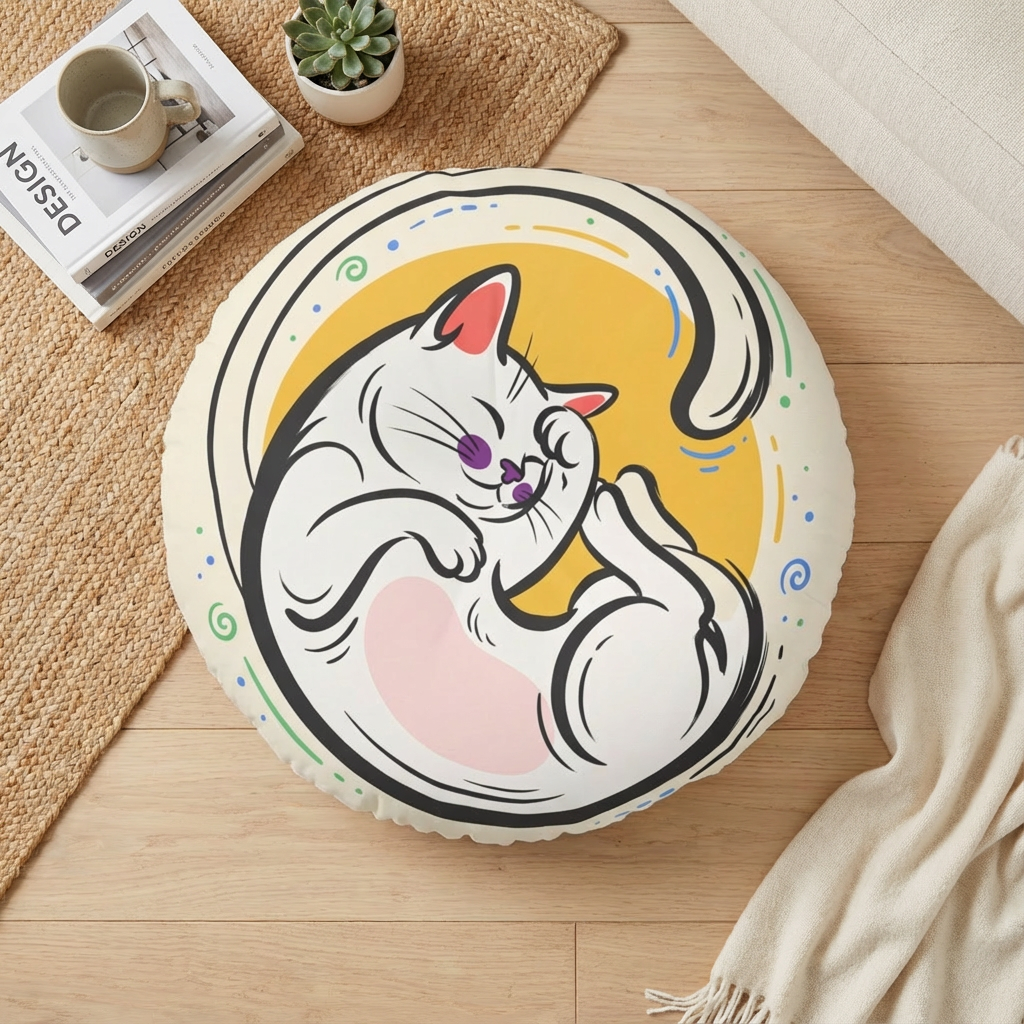pinkish-red dominant color, cozy crescent cat floor pillow with line-art illustration; lifestyle scene in a living room showing a soft, inviting seat for reading or lounging
