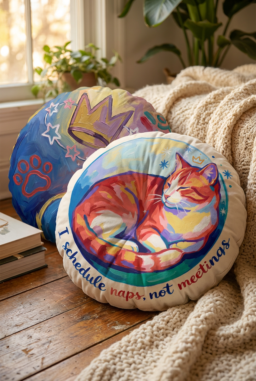 Round floor pillow with a Winter Epiphany cozy cat design in blue and warm tones; close-up lifestyle shot featuring a plump loafing cat on a tufted pillow, oil-painting texture, vibrant palette, cozy home setting.