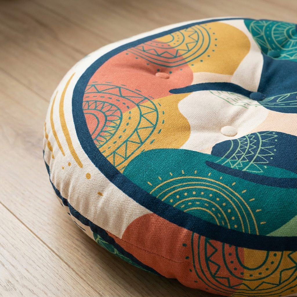 Round tufted cat floor pillow in warm orange-beige tones with line-art boho textures; lifestyle shot in a cozy living room, showing a curled, purring cat and soft, homey textures.