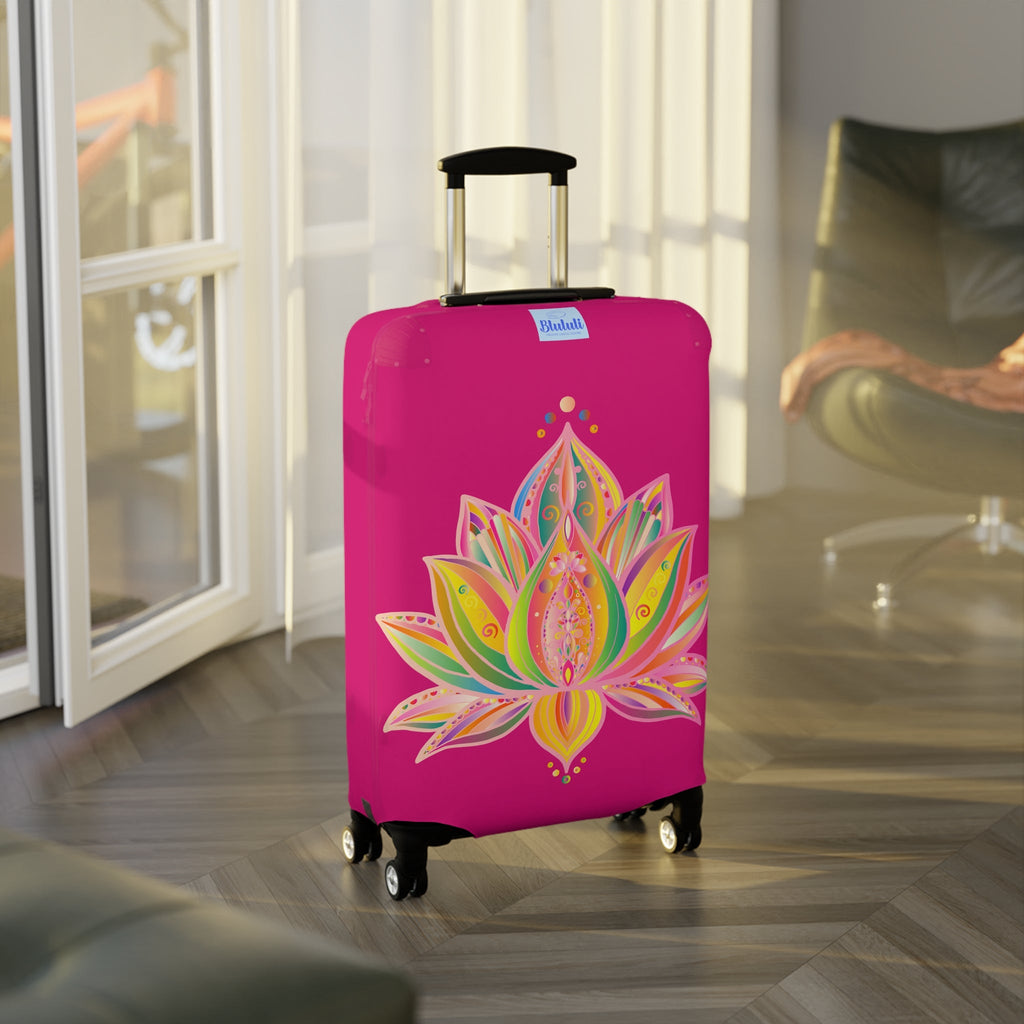 Lotus Flower Hand Drawn Mandala Art Dark Pink and Petroleum Green Shades Luggage Cover - Available in Three Sizes Accessories - Blululi