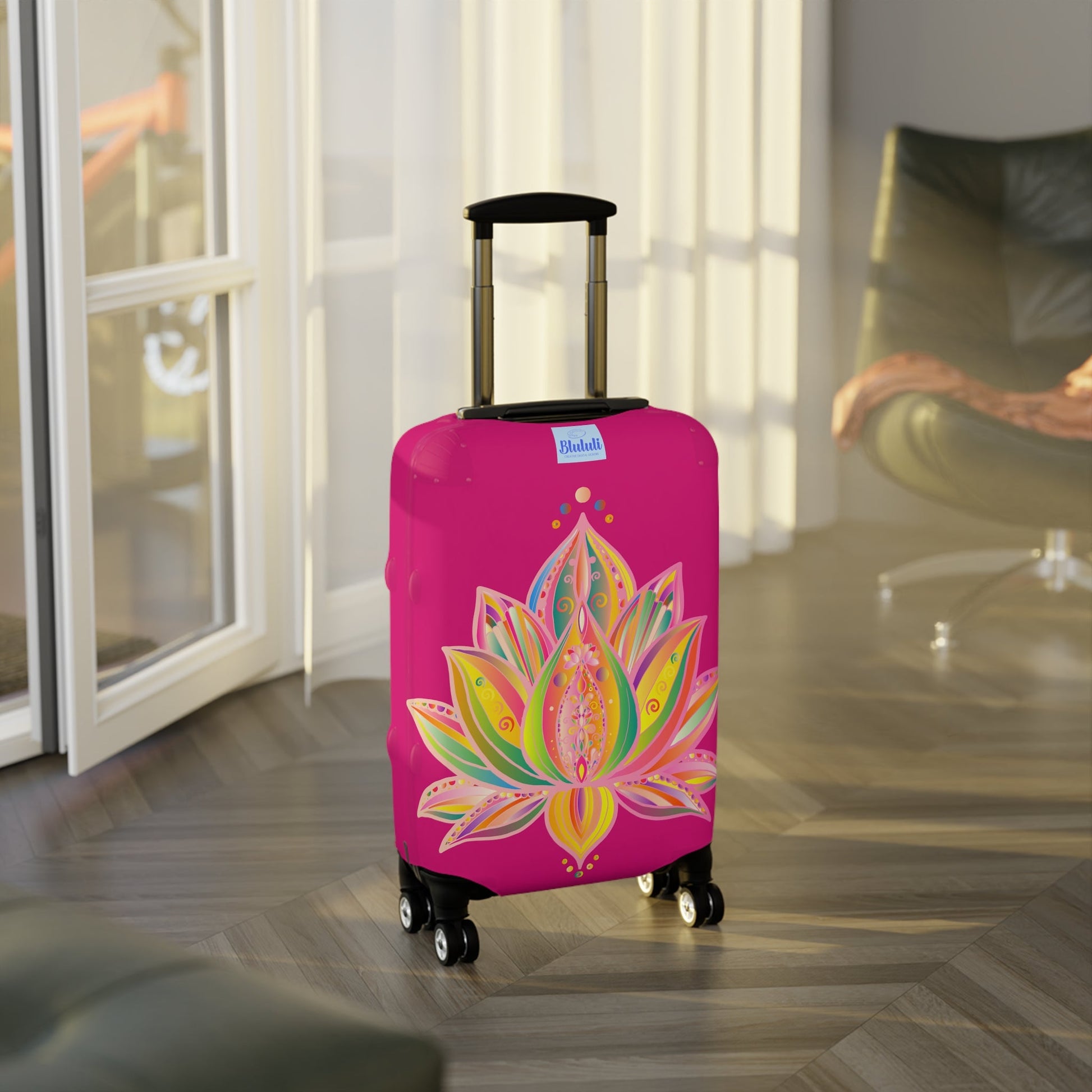 Lotus Flower Hand Drawn Mandala Art Dark Pink and Petroleum Green Shades Luggage Cover - Available in Three Sizes Accessories - Blululi