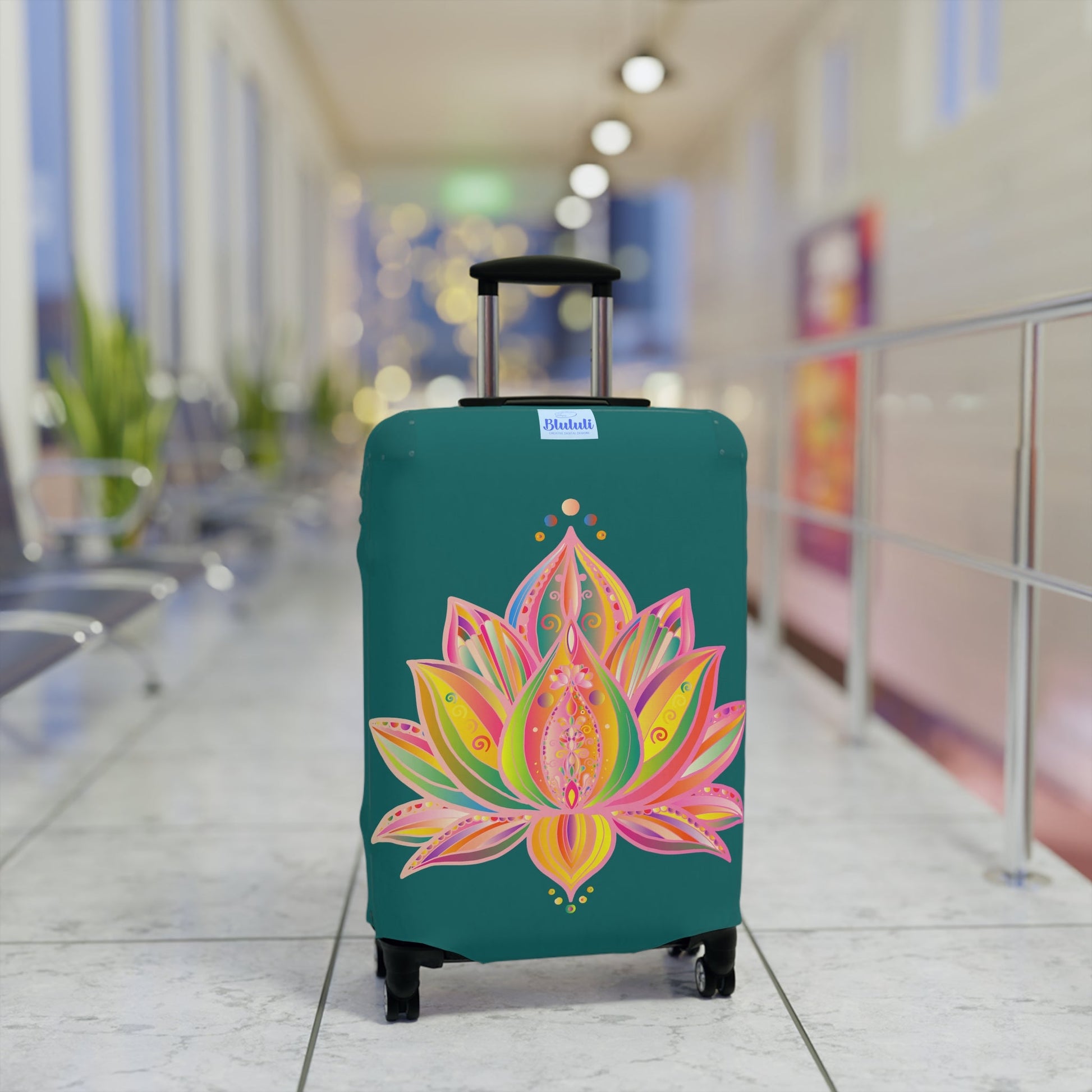 Luggage Cover - Lotus Flower Hand Drawn Mandala Art Pink and Petroleum Green Shades - Available in Three Sizes Accessories - Blululi