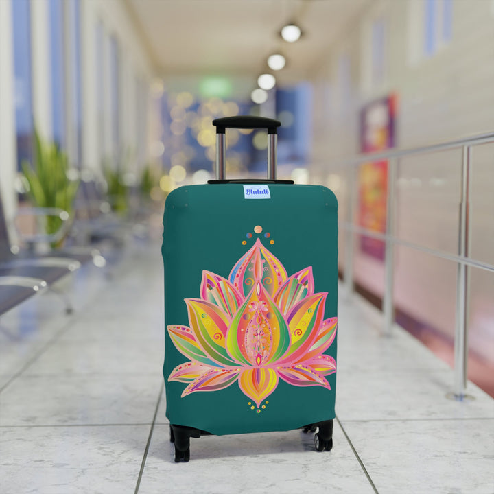 Luggage Cover - Lotus Flower Hand Drawn Mandala Art Pink and Petroleum Green Shades - Available in Three Sizes Accessories - Blululi