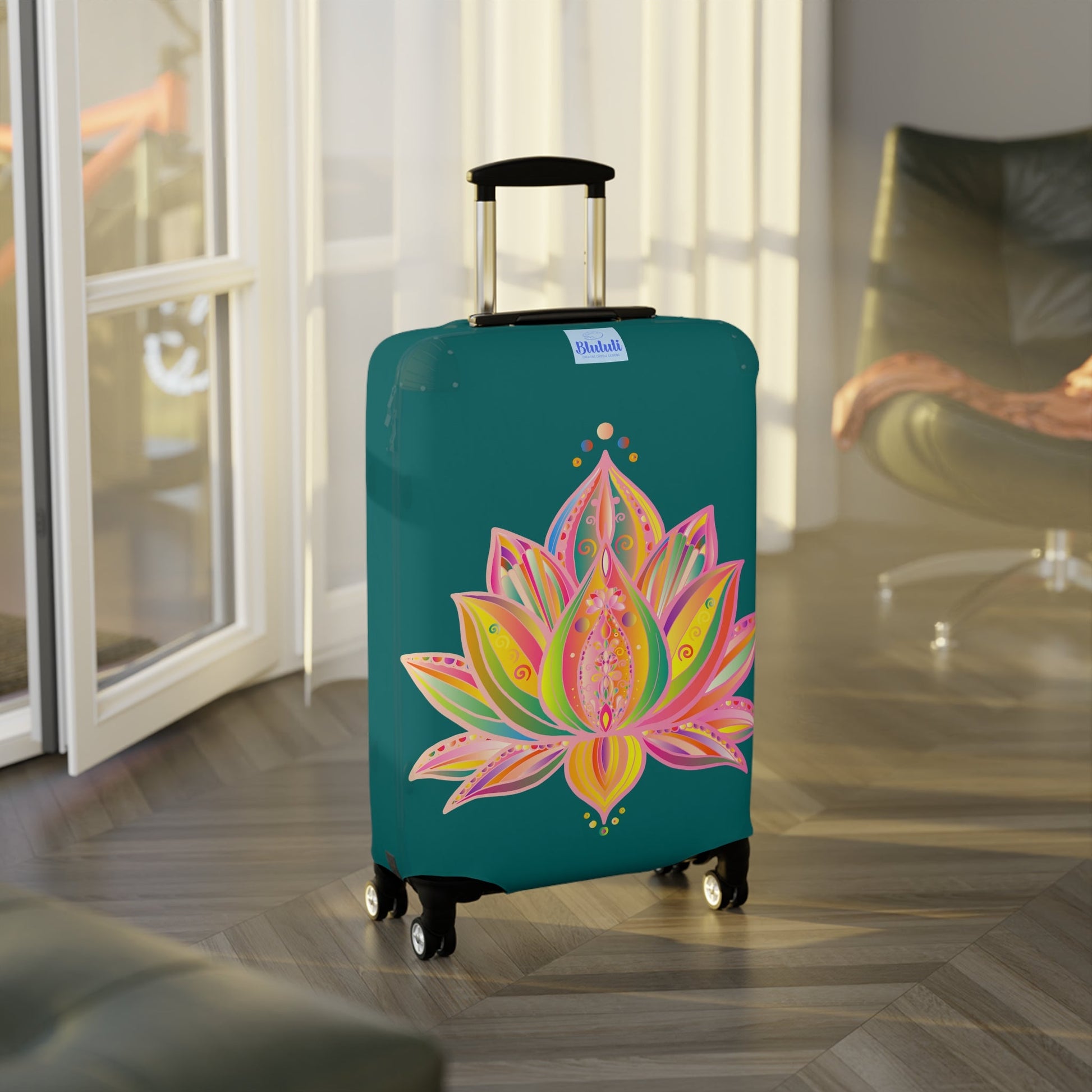 Luggage Cover - Lotus Flower Hand Drawn Mandala Art Pink and Petroleum Green Shades - Available in Three Sizes Accessories - Blululi