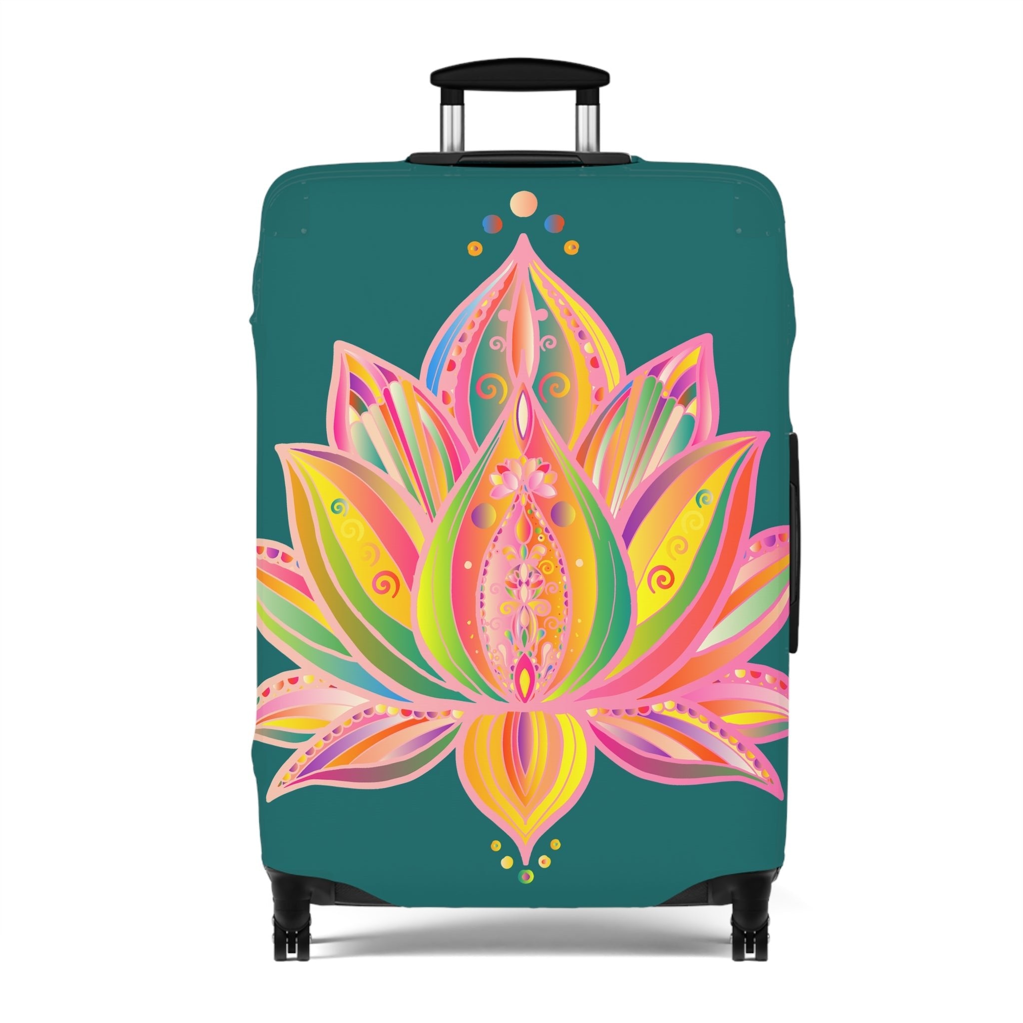 Luggage Cover - Lotus Flower Hand Drawn Mandala Art Pink and Petroleum Green Shades - Available in Three Sizes Accessories - Blululi