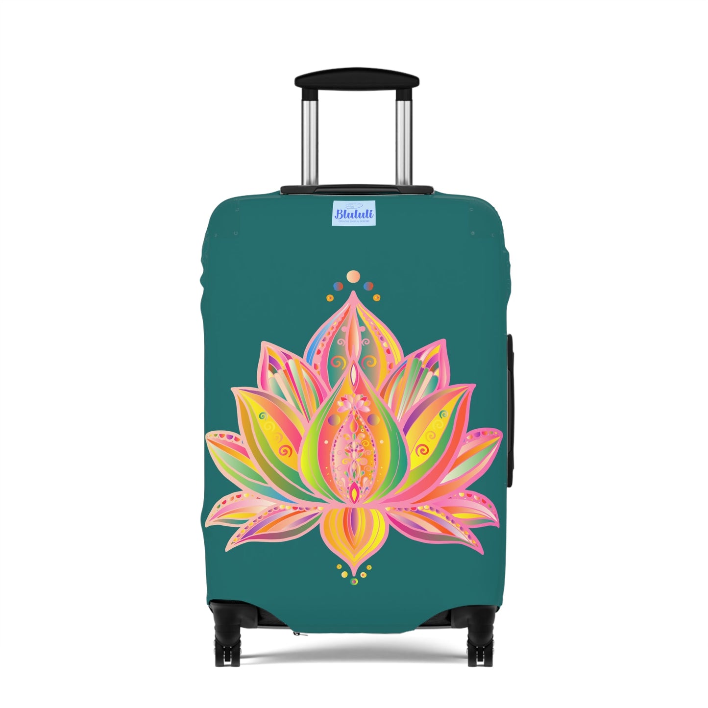 Luggage Cover - Lotus Flower Hand Drawn Mandala Art Pink and Petroleum Green Shades - Available in Three Sizes Accessories - Blululi